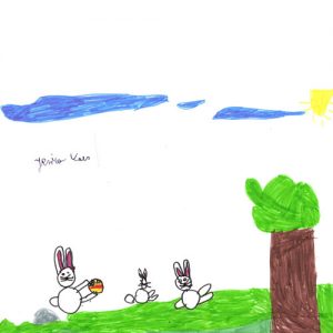 Petit oeuf et les lapins de Pâques ou la fête de Pâques. (dessin de Jessica)
